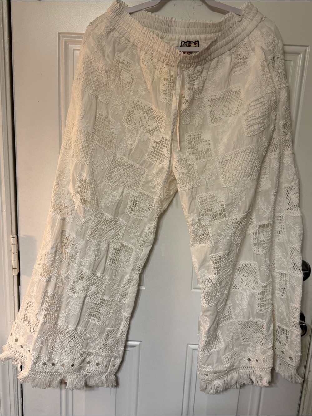Johnny Was Minca Wide Leg Embroidery Fringe Hem Pull On Pants